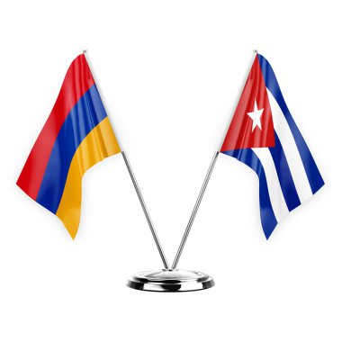 Two table flags isolated on white background 3d illustration, armenia and cuba