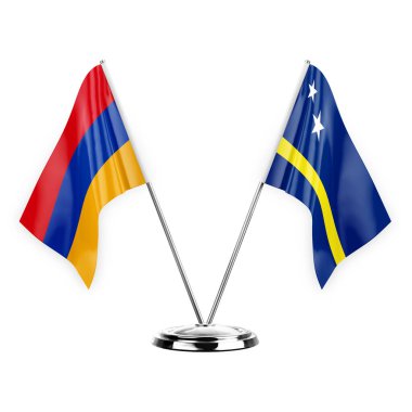 Two table flags isolated on white background 3d illustration, armenia and curacao