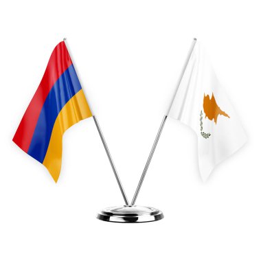 Two table flags isolated on white background 3d illustration, armenia and cyprus