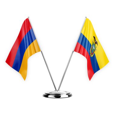 Two table flags isolated on white background 3d illustration, armenia and ecuador