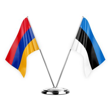 Two table flags isolated on white background 3d illustration, armenia and estonia