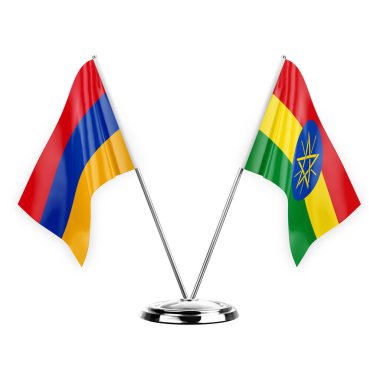 Two table flags isolated on white background 3d illustration, armenia and ethiopia