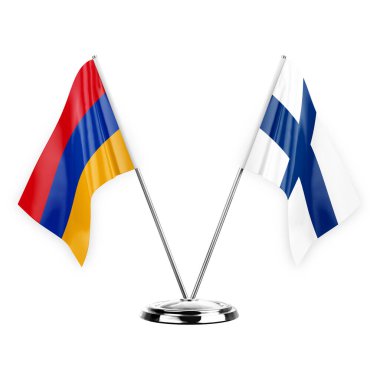 Two table flags isolated on white background 3d illustration, armenia and finland