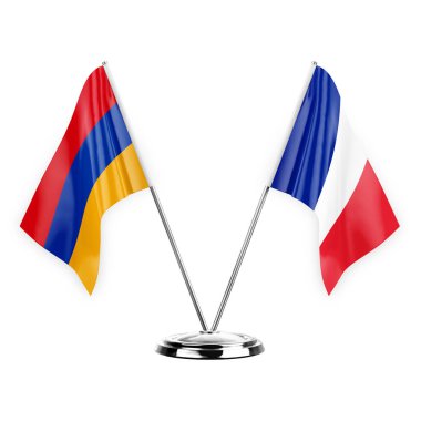 Two table flags isolated on white background 3d illustration, armenia and france