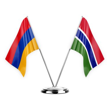Two table flags isolated on white background 3d illustration, armenia and gambia