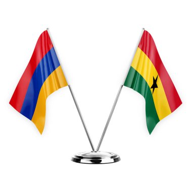 Two table flags isolated on white background 3d illustration, armenia and ghana