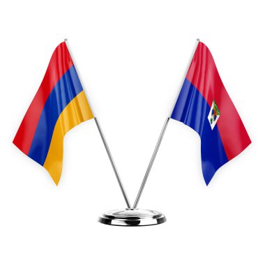 Two table flags isolated on white background 3d illustration, armenia and haiti