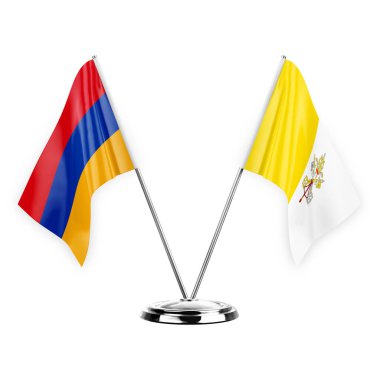 Two table flags isolated on white background 3d illustration, armenia and holy see