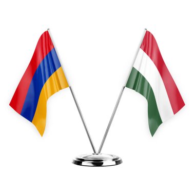 Two table flags isolated on white background 3d illustration, armenia and hungary