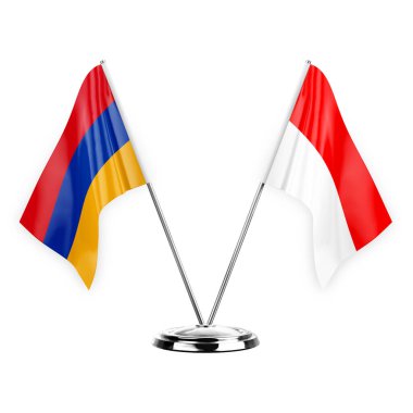Two table flags isolated on white background 3d illustration, armenia and indonesia