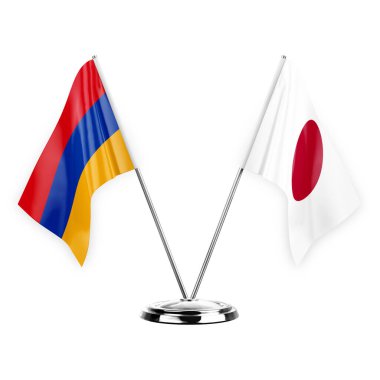 Two table flags isolated on white background 3d illustration, armenia and japan