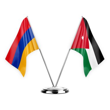 Two table flags isolated on white background 3d illustration, armenia and jordan
