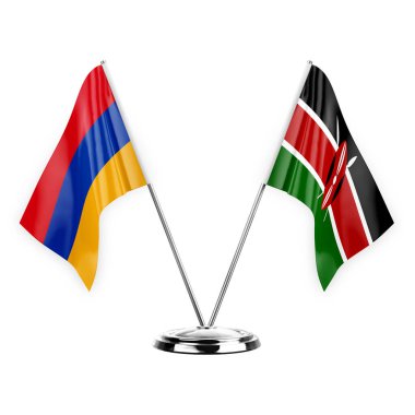Two table flags isolated on white background 3d illustration, armenia and kenya