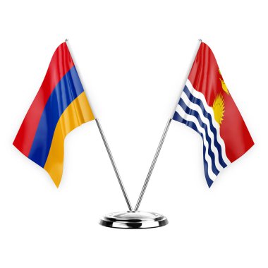 Two table flags isolated on white background 3d illustration, armenia and kiribati