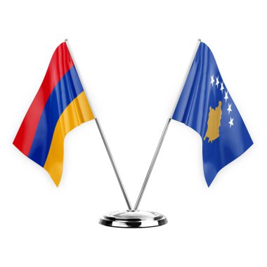 Two table flags isolated on white background 3d illustration, armenia and kosovo
