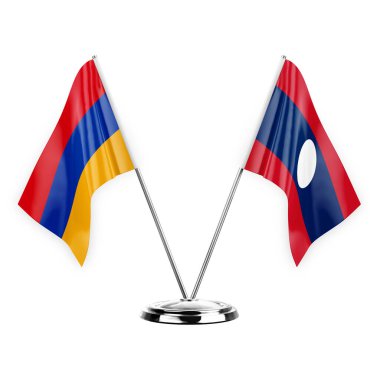 Two table flags isolated on white background 3d illustration, armenia and laos