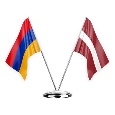 Two table flags isolated on white background 3d illustration, armenia and latvia