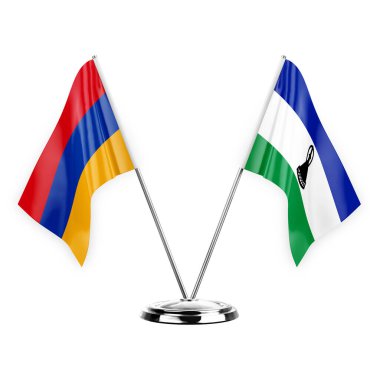 Two table flags isolated on white background 3d illustration, armenia and lesotho