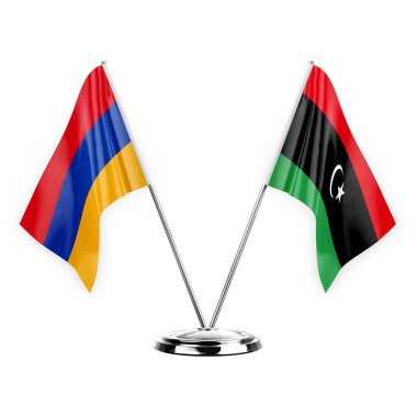 Two table flags isolated on white background 3d illustration, armenia and libya