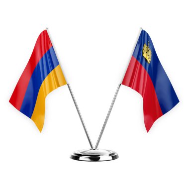 Two table flags isolated on white background 3d illustration, armenia and liechtenstein