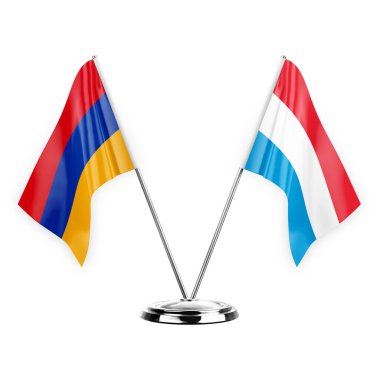 Two table flags isolated on white background 3d illustration, armenia and luxembourg