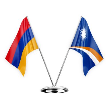 Two table flags isolated on white background 3d illustration, armenia and marshall islands