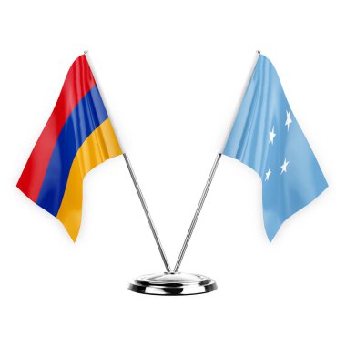 Two table flags isolated on white background 3d illustration, armenia and micronesia