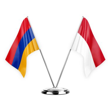 Two table flags isolated on white background 3d illustration, armenia and monaco