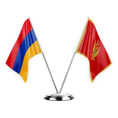 Two table flags isolated on white background 3d illustration, armenia and montenegro