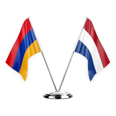 Two table flags isolated on white background 3d illustration, armenia and netherlands