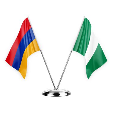 Two table flags isolated on white background 3d illustration, armenia and nigeria
