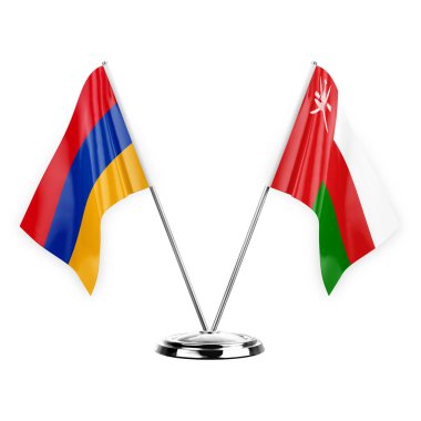Two table flags isolated on white background 3d illustration, armenia and oman