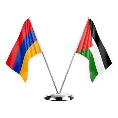 Two table flags isolated on white background 3d illustration, armenia and palestine