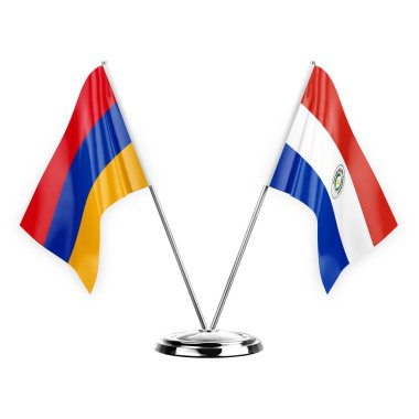 Two table flags isolated on white background 3d illustration, armenia and paraguay
