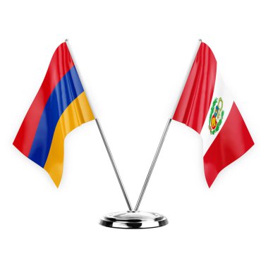 Two table flags isolated on white background 3d illustration, armenia and peru