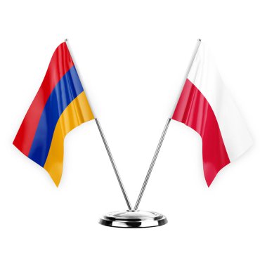 Two table flags isolated on white background 3d illustration, armenia and poland