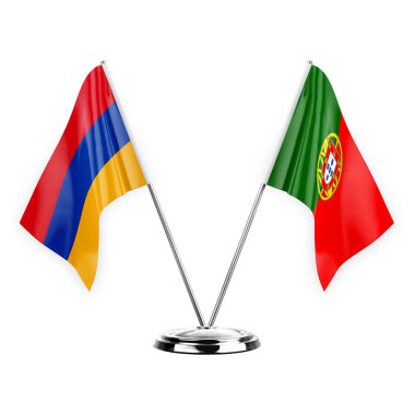 Two table flags isolated on white background 3d illustration, armenia and portugal