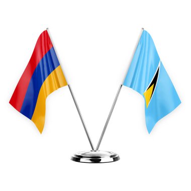Two table flags isolated on white background 3d illustration, armenia and saint lucia