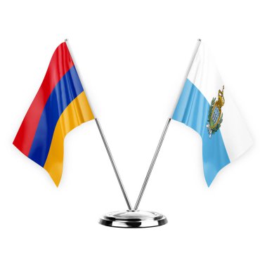 Two table flags isolated on white background 3d illustration, armenia and san marino