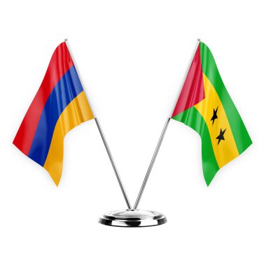 Two table flags isolated on white background 3d illustration, armenia and sao tome and principe