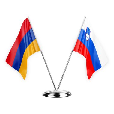 Two table flags isolated on white background 3d illustration, armenia and slovenia