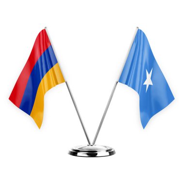 Two table flags isolated on white background 3d illustration, armenia and somalia