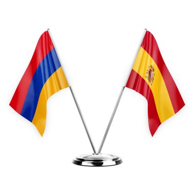 Two table flags isolated on white background 3d illustration, armenia and spain