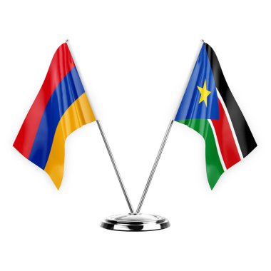 Two table flags isolated on white background 3d illustration, armenia and south sudan