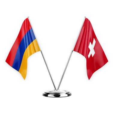 Two table flags isolated on white background 3d illustration, armenia and switzerland