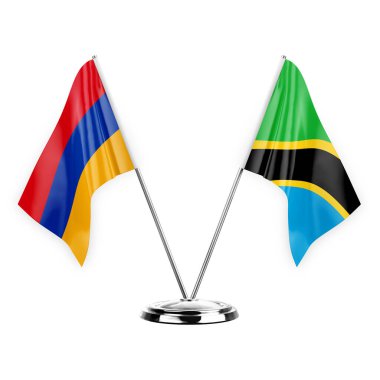 Two table flags isolated on white background 3d illustration, armenia and tanzania