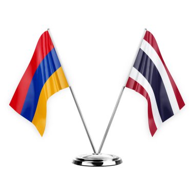 Two table flags isolated on white background 3d illustration, armenia and thailand