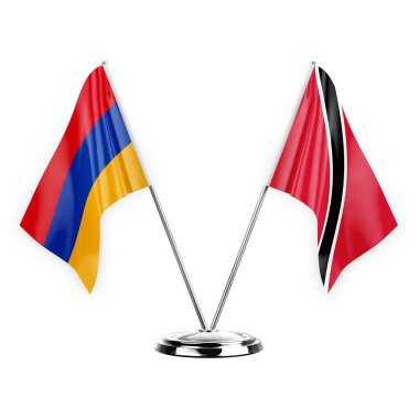Two table flags isolated on white background 3d illustration, armenia and tobago