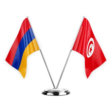 Two table flags isolated on white background 3d illustration, armenia and tunisia