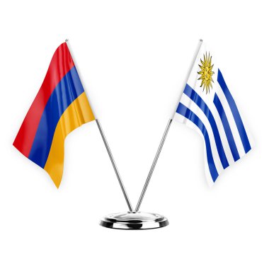 Two table flags isolated on white background 3d illustration, armenia and uruguay